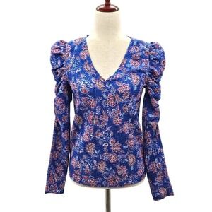 LOFT Floral Ruched‎ Sleeve V-Neck Blouse Top Romantic Bohemian